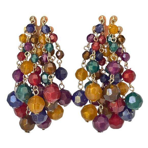 90s Multi Colored Faceted Round Beads Gold Plate Dangling Chandelier Earrings - Picture 3 of 3